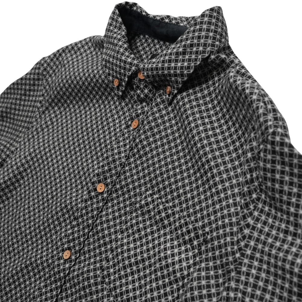 Christian Lacroix Button Down Men XL Black Geometric 100% Linen Short Sleeve